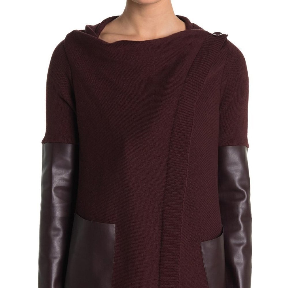 BLANKNYC Denim Faux Leather Trim High/Low Cardigan